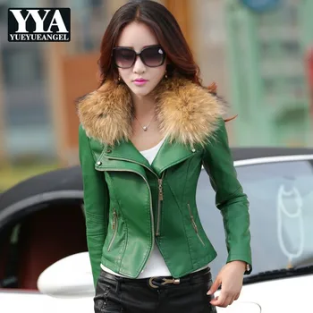 

New Winter Womens Thick Warm Jacket Fashion Solid Faux Fur Collar PU Leather Biker Jacket Female Slim Fit Short Coat M-5XL