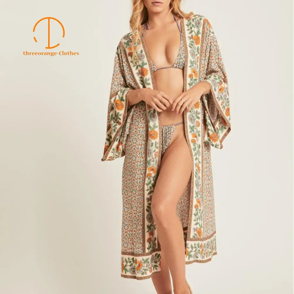 

Summer Beach vintage cloak women bohemian ethnical print lace up sash batwing sleeve Kimono Casual loose holiday long cape coat