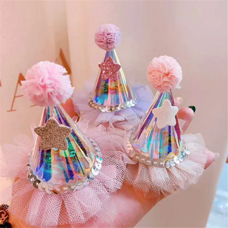 

10pcs/lot New Fashion Girl Cute Laser Hairpin Sweet Hat Bangs Clip Sparkly Hat Kids Festival Party Hairpin Clip Hair Accessories