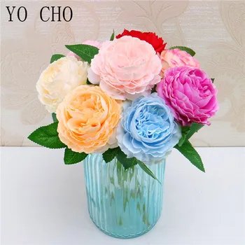 YO CHO Red Rose Artificial Silk Craft Flower White Peony Bouquet With Stems Wedding Home Party Shop Decor DIY Wreath Fake Flower