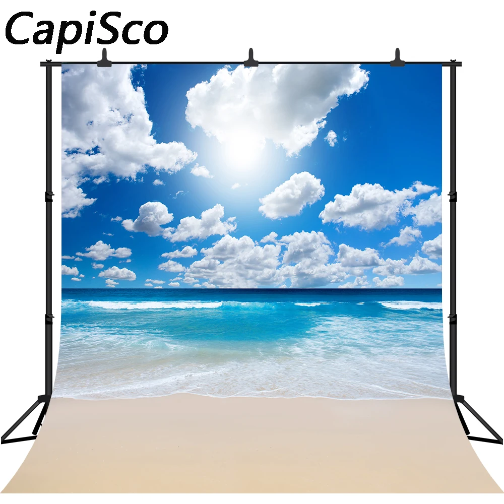 

Capisco Sandy Beach Summer Photography Backdrops Blue Sky and Sea Photo Booth Backgrounds Studio Sun cloud Backdrop