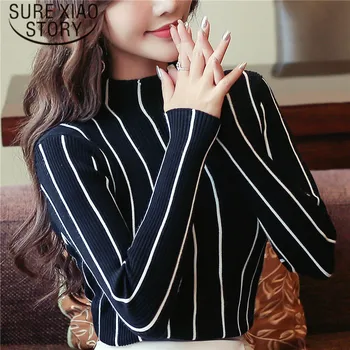 

New 2019 Autumn and winter pullover Women causal sweaters turtleneck striped female sweater women's clothing 1326 80