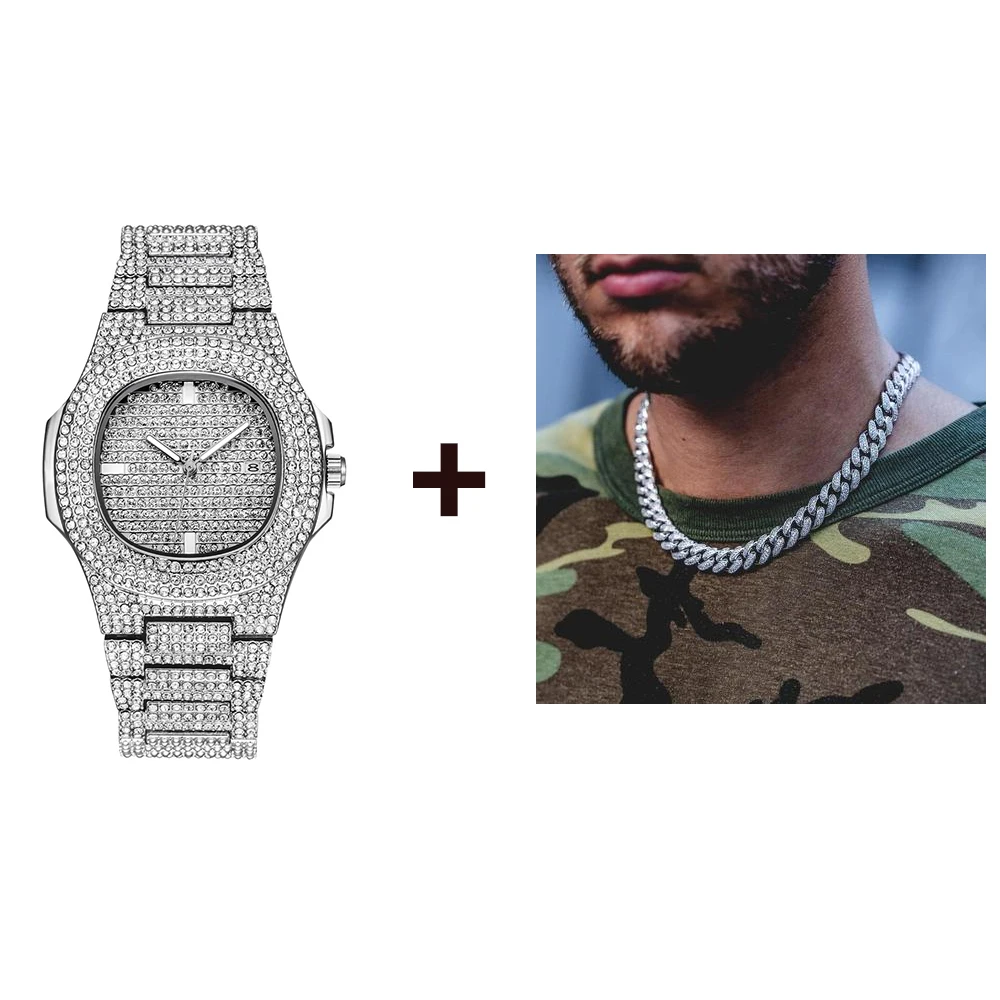 Золотые часы+ ожерелье+ браслет в стиле хип-хоп, в стиле Майями, с кубинской цепочкой, покрытый стразами, CZ Rapper, комплект ювелирных изделий для мужчин