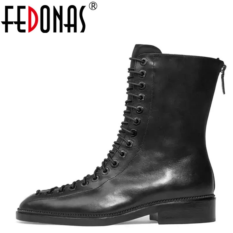 

FEDONAS High Quality Genuine Leather Boots Square Heels Autumn Winter Ankle Boots Sexy Motorcycle Boots Female Shoes Woman