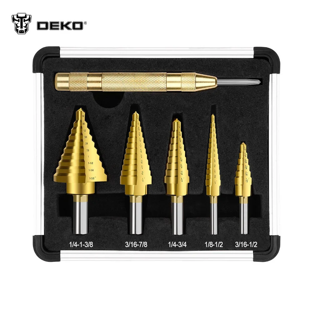 

DEKO 6pcs Step Drill Bit Set & Automatic Center Punch,High Speed Steel Double Cutting Blades Design with Aluminum Case