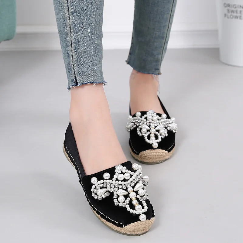 

2018 Women's New Shoes Round Shampoo Diamond Pearl Shoes Gold Velvet Fisherman Shoes Casual Flat Women Espadrilles for Girl