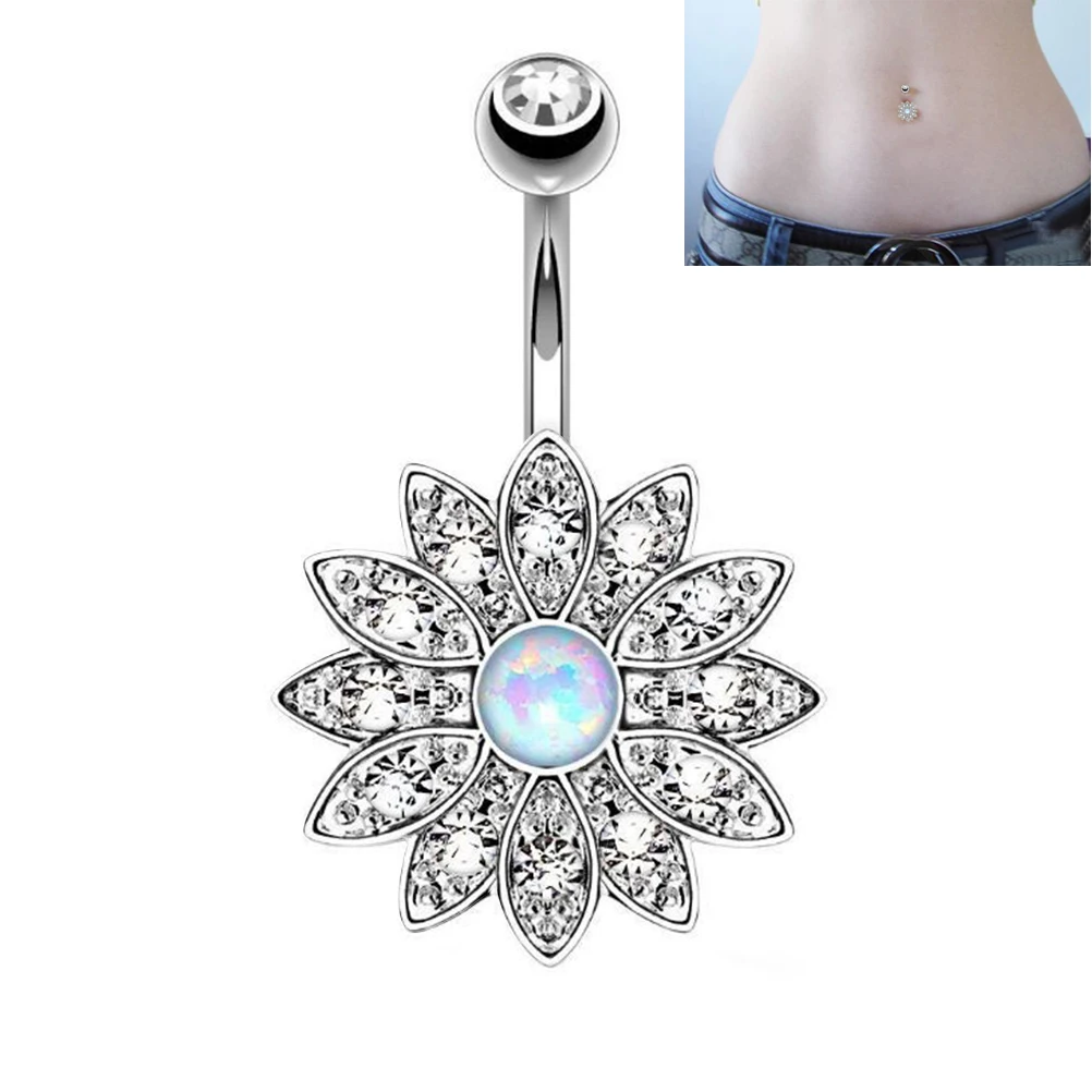 Belly Button Ring Jeweled Flower Belly Piercing Stud for Body