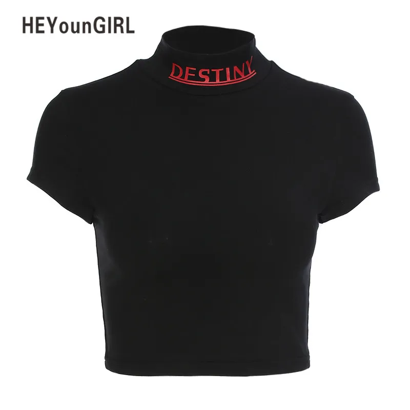 HEYounGIRL Летняя женская футболка с принтом, черная облегающая футболка Harajuku, модные повседневные укороченные топы, черный хлопковый короткий сексуальный топ