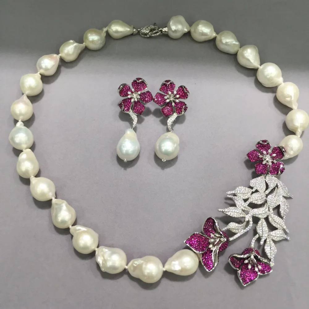 Ожерелье и серьги невесты, ювелирный набор баркуэ, натуральный пресноводный жемчуг, ожерелье и серьги-гвоздики, серебро 925 пробы, цветок