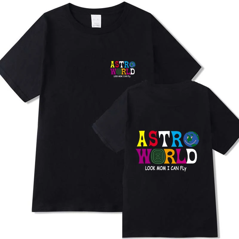 Fashion Mens T-Shirt Travis Scotts Hip Hop T Shirt Men Women ASTROWORLD Mom Look I Can Fly Letter Print Funny Tshirts Cotton Tee