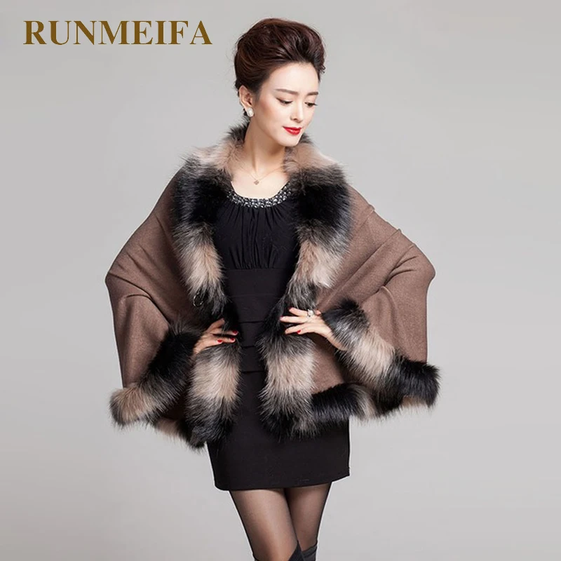

[RUNMEIFA] Faux Fur Coat New Winter Luxury Fashion Faux Fox Fur Poncho Long Bat Sleeve Knitted Cardigan Shawl Cape Wool Coat