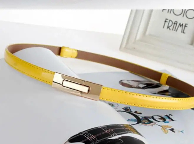 yellow color Новейшая мода тонкие Ремни для Для женщин золотой прямоугольник Пряжка Лакированная кожа отрегулировать Cummerbunds Женский дизайнерский бренд Ceinture Femme - Цвет: yellow color