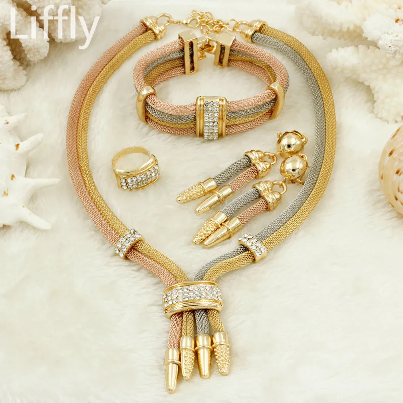 Комплект из колье и серёг с кристаллами|nigerian wedding jewelry|wedding jewelrygold jewelry set |