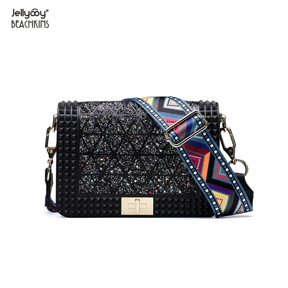 

Jellyooy Beachkins New Fashion Bling Glitter Candy Bags Wide Strap Crossbody Bag PVC Chic Jelly Sling Bags Girl Messenger Bag