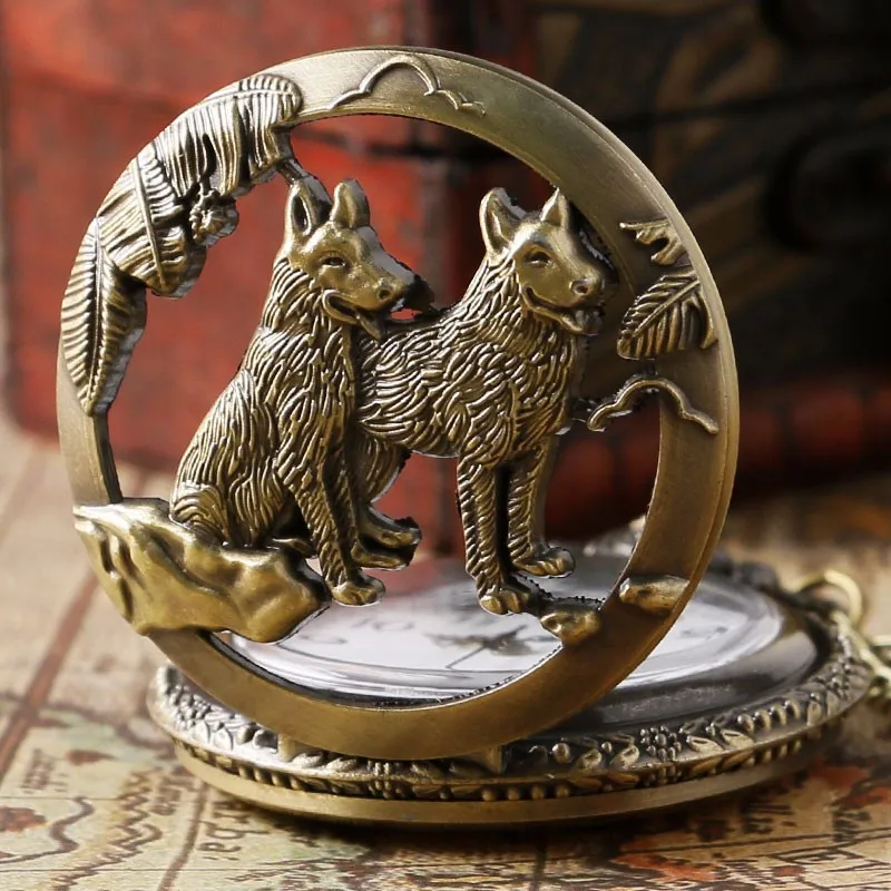 Classic Vintage Bronze Dog Wolf Hollow Quartz Fob Pocket Watch with Necklace Chain Pendant Clock Gift for Women Men