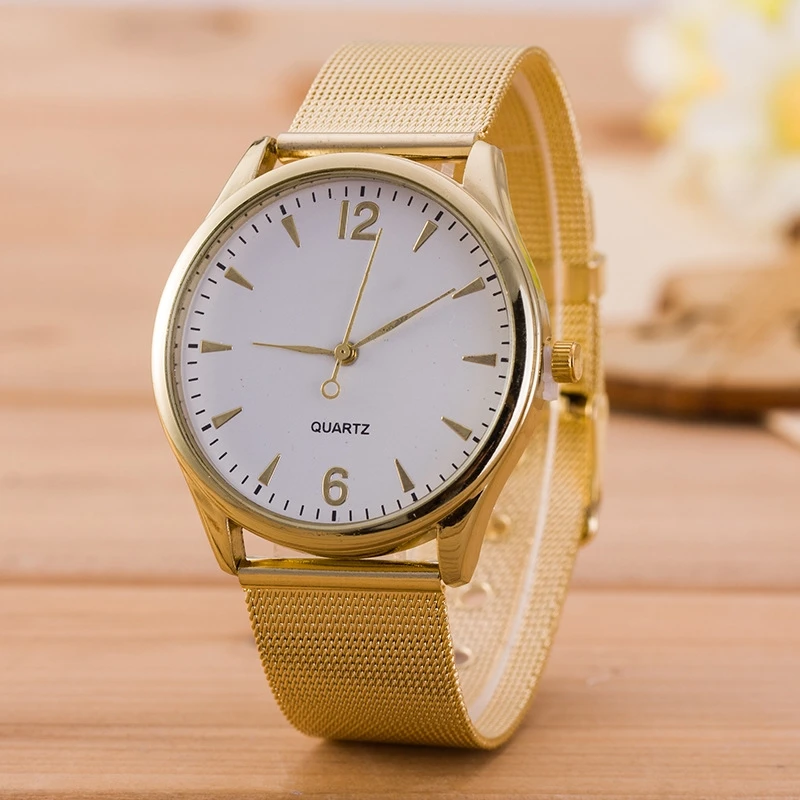 

Doreen Box Quartz Wrist Watches Gold Color Mesh White Dial Plate Trendy Simple Battery Included 23cm(9") long, 1 Piece