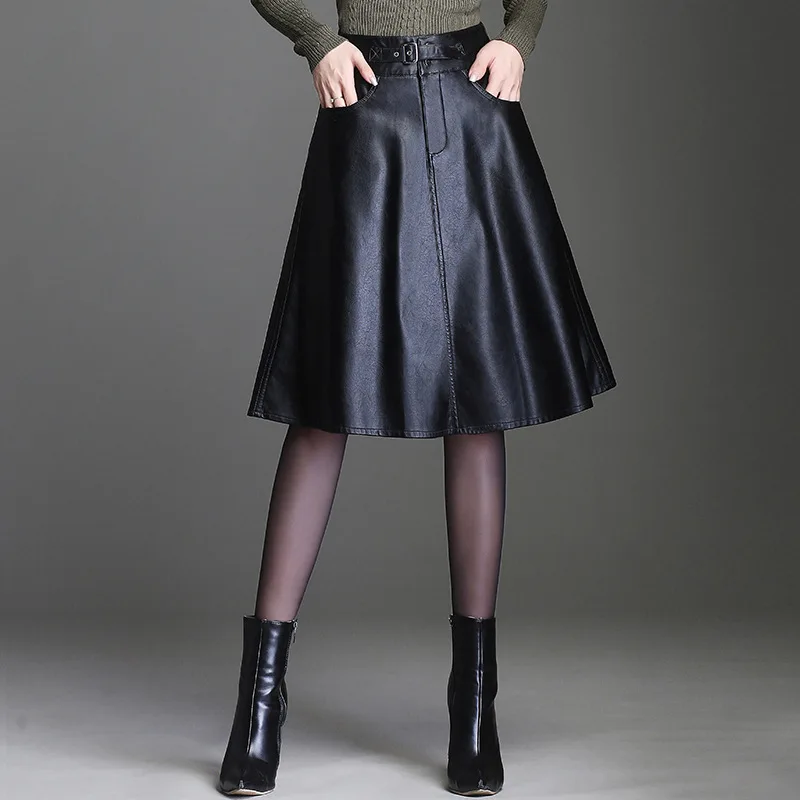 

PU Leather Skirt Women 2019 New Korean Edition Solid Black High Waist A Line Midi Skirt Elegant Office Lady Skirt Plus Size 4XL
