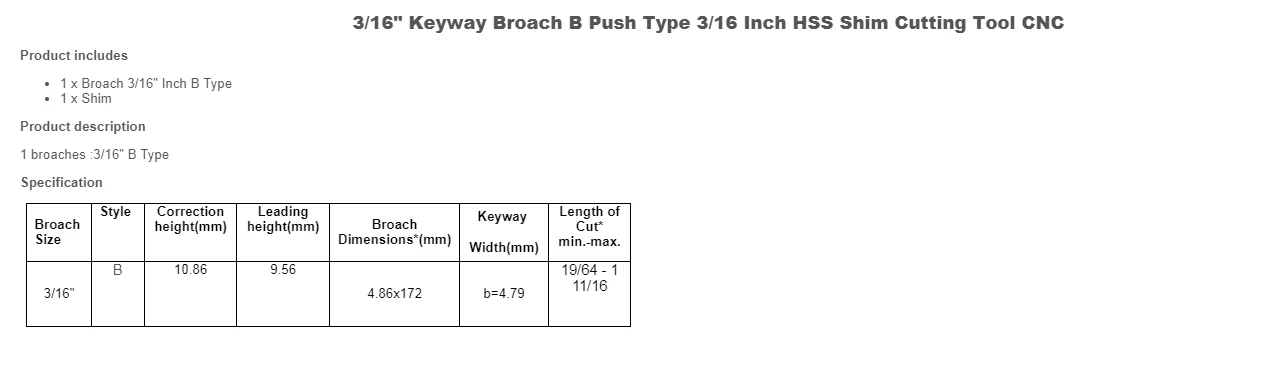 3/1" Keyway Broach B Push type 3/16 дюймов HSS Shim инструмент для нарезки