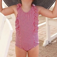 Купальник-бикини с оборками и рукавами для новорожденных девочек в полоску, купальный костюм, цельный