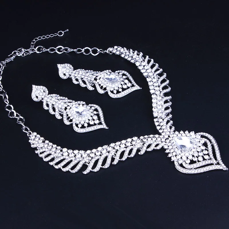 Модные хвостовые перья павлина в форме цепочки и ожерелья серьги для женщин Элегантный Белый Кристалл Стразы наборы свадебных ювелирных изделий