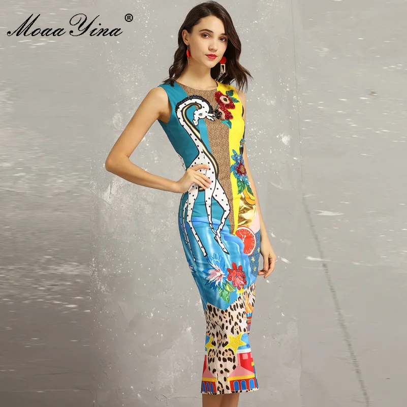 

MoaaYina Fashion Designer Runway Dress Summer Women's Sleeveless Giraffe Floral-Print Beading Indie Folk Packet hip Sheath Dress