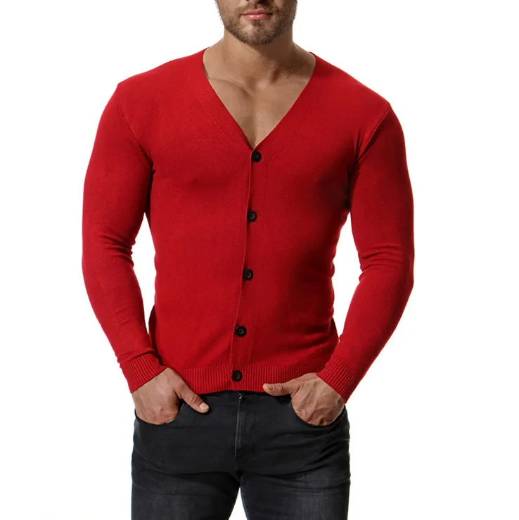 Europe and America V-Neck Cotton Sweater Men New Arrival Slim Fit Cardigan Knitwear Fashion Sweatercoat Male Knitted Clothing - Цвет: Красный