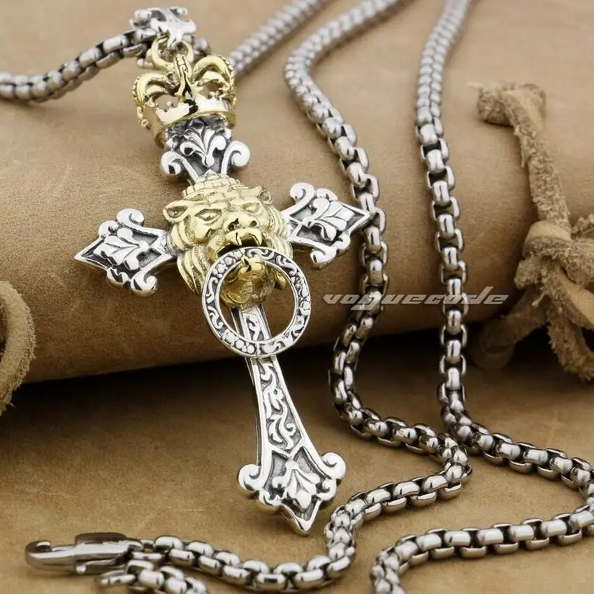 LINSION Rasta Brass Crown Lion 925 Sterling Silver Cross Mens Biker Rock Punk Pendant 9F023 LINSION Rasta Brass Crown Lion 925 Sterling Silver Cross Mens Biker Rock Punk Pendant 9F023