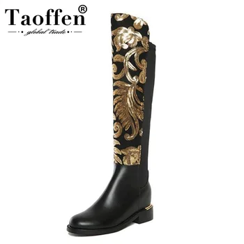 

TAOFFEN Size 34-42 Women Boots Genuine Leather Print Zipper Round Toe Knee Women Boots Vintage Mature Shoes Women Footwear