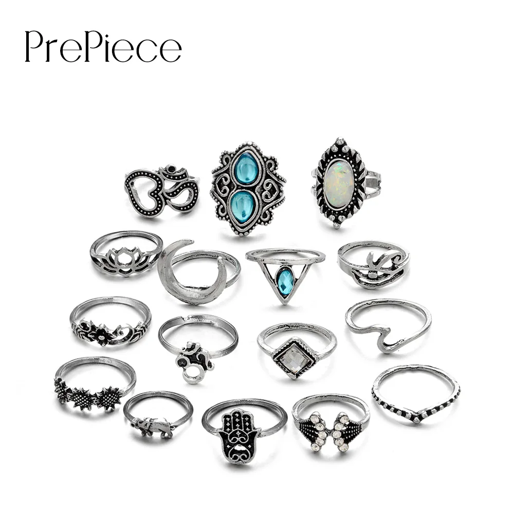 

PrePiece Vintage 16 PCS Rings Bohemia Stone Carved Joined Ring Set Fashion Jewelry for Women Daily anillos mujer 2018 New PR0175