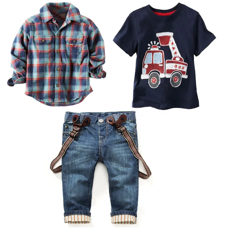 

2019 Children's clothing sets for summer Baby boy suit Long sleeve plaid shirts+car printing t-shirt+jeans 3pcs suit set F1802
