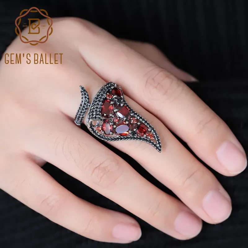 

GEM'S BALLET Natural Red Garnet Gemstone Vintage Open Finger Irregular Triangle Ring 925 Sterling Sliver Ring For Women Jewelry