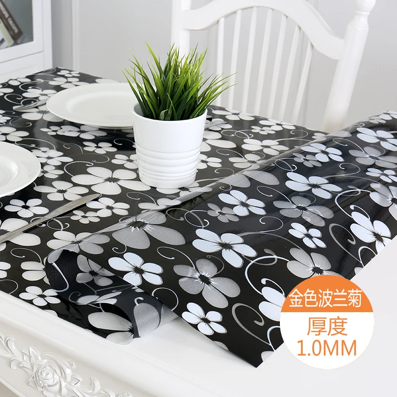 Colorful Transparent Tablecloth PVC Soft Glass Mat Crystal Plate Table Cloth 1MM Black Flower Mat for Party Wedding Home Kitchen