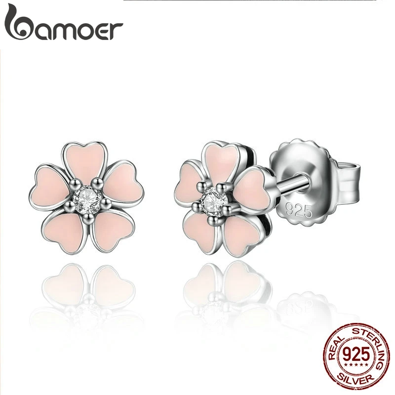 BAMOER, 925 пробы, серебряное, розовое сердце, цветок, женские серьги-гвоздики, женские модные ювелирные изделия, дружба, подарок на год, SCE028-1L