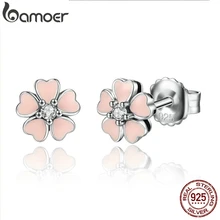 BAMOER, 925 пробы, серебряное, розовое сердце, цветок, женские серьги-гвоздики, женские модные ювелирные изделия, дружба, подарок на год, SCE028-1L