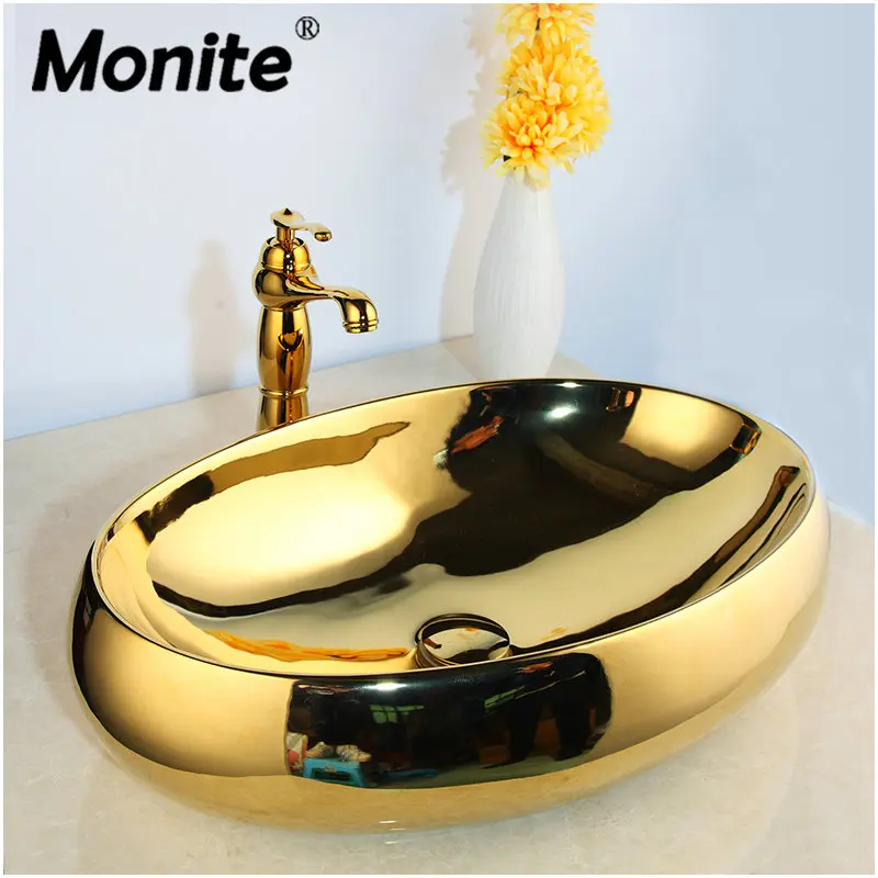 Us 47 0 37 Off Monite Solid Brass Golden Luxury Ceramic Lavatory Bathroom Tap Washbasin Basin Sink Set Bath Combine Mixer Faucet In Bathroom Sinks