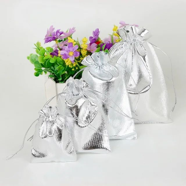 50PCS Silver Color Foil Organza Bag Jewelry Packaging Bags Christmas