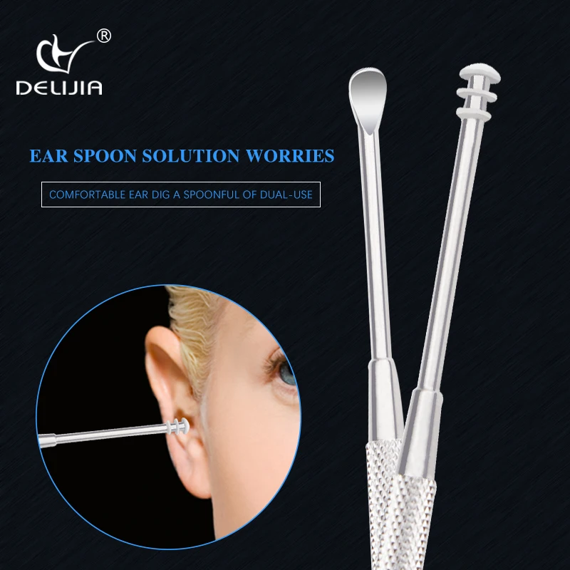 DeLiJia Stainless Steel Digging Ear Spoon Portable Spiral Rotating Dig Spoon Double Ears