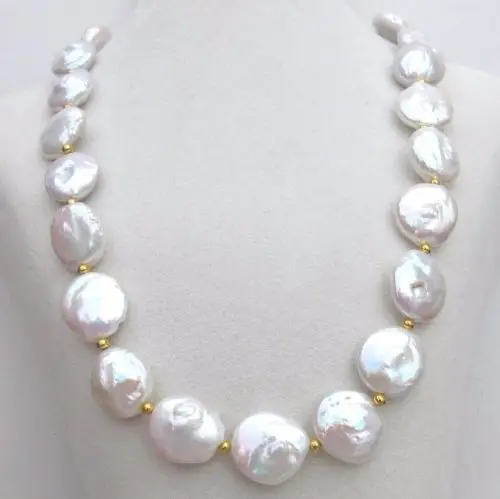 

AAA++ 17-18mm south sea white coin pearl necklace 18" 925silver GOLD CLASP