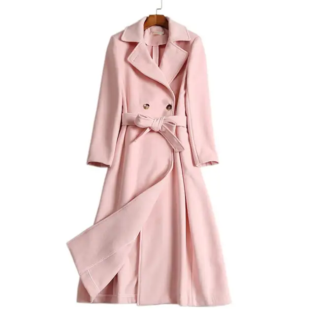 2019 winter fashion Women Pink Wool Coat with Waist Belt Long Sleeve