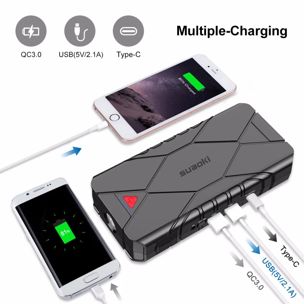 SUAOKI U18 1200A Peak 16000mAh Portable Jump Starter up to 7.0L Gas 5.0L Diesel Engine QC3.0 Output Power Bank LED Flashlight