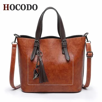 

HOCODO Fashion Pendant Tassel Big Bag Shoulder Bag New Oil Wax Leather Handbag Vintage Women Messenger Bag Ladies Casual Totes