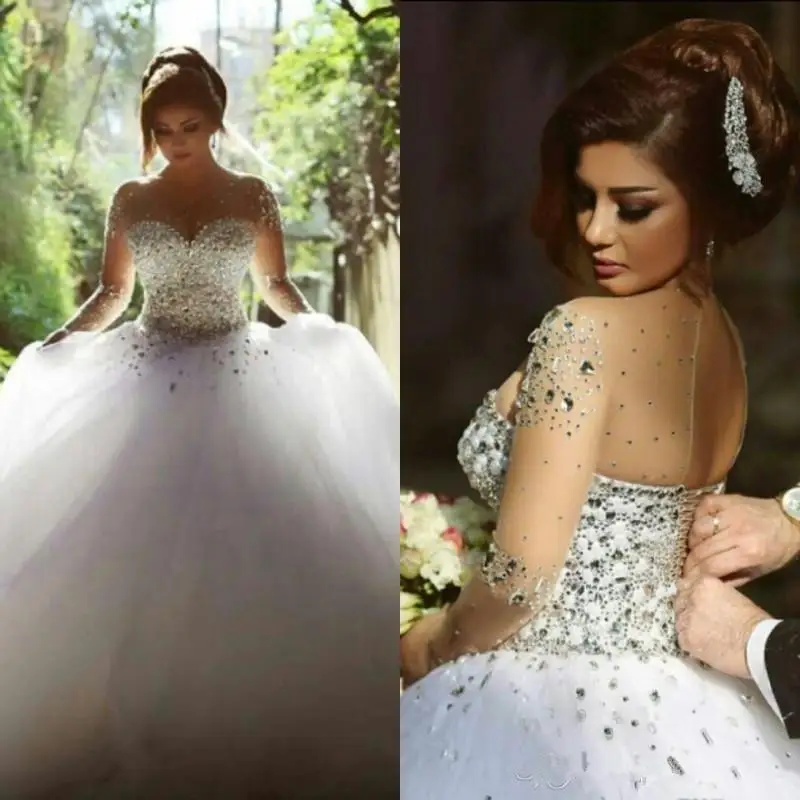 

Luxury Crystal Beading Tulle Ball Gown Wedding Dresses 2020 African Style Plus Size Long Sleeve Princess Wedding Dress