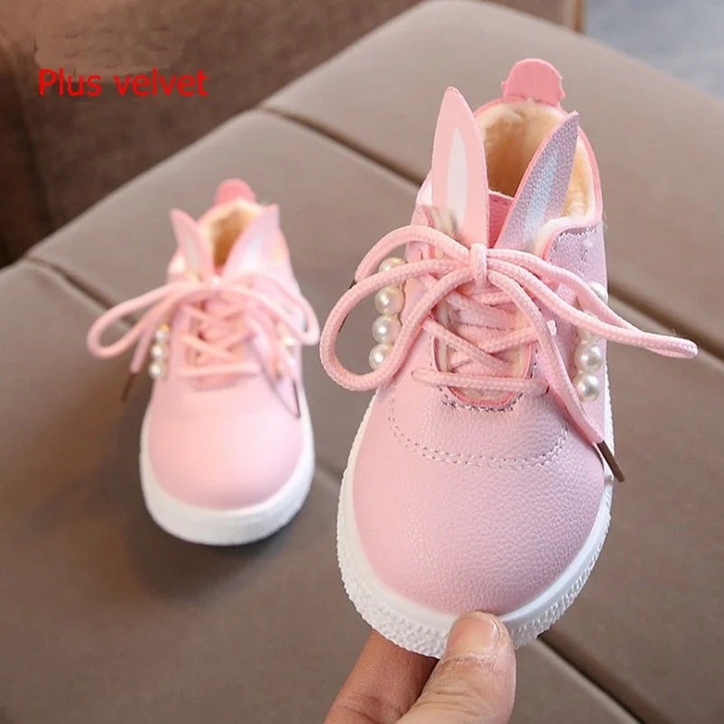Осень-зима детская обувь для маленьких девочек, милые жемчуг заячьи ушки, повседневная обувь для маленьких девочек, детские вечерние платья, детская спортивная обувь - Цвет: pink   Winter