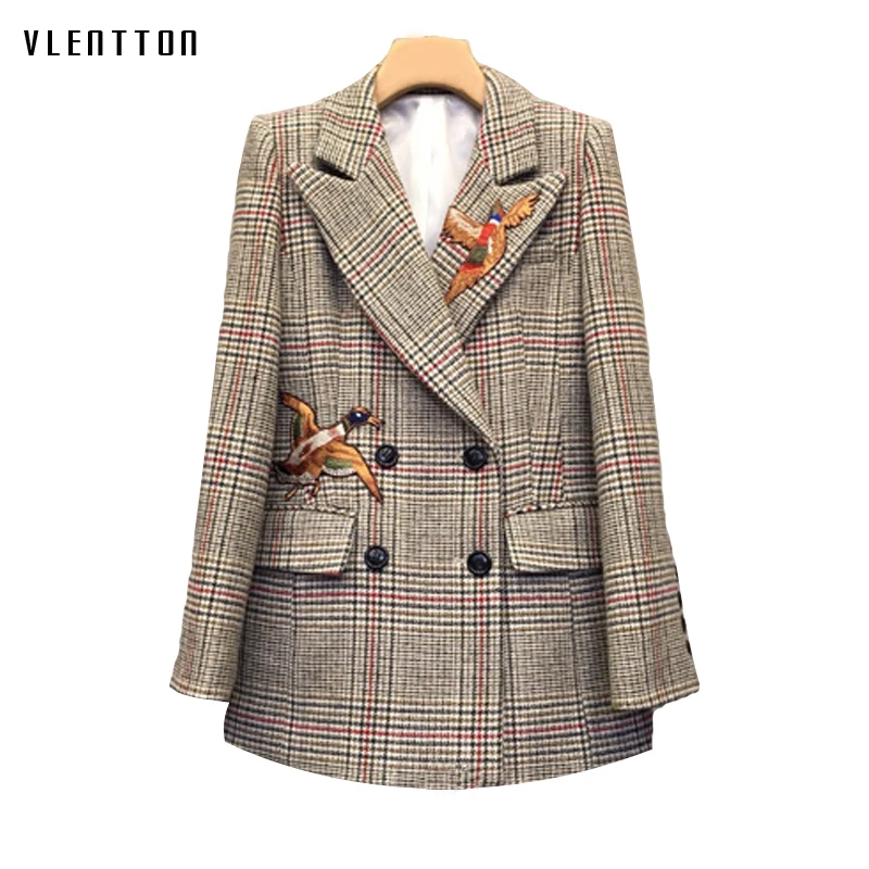 

Spring Vintage Plaid Women's Jacket Blazer Double Breasted Animal Embroidery Long Blazer Femme Long Sleeve Office Blazer Women