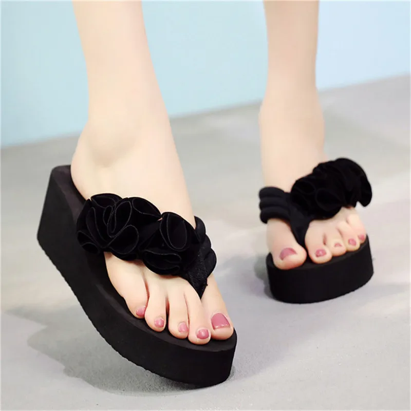 Womens Casual Slippers Flower Platform 8cm Wedge Heels Beach Flip Flop Sandals
