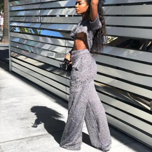 

Women Two Piece Set Women Tracksuit O Neck Short Sleeve Fluffy Faux Fur Crop Top Wide Leg Pants Set Bodycon Slim Suit