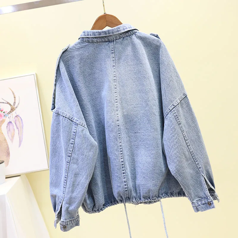 Nouveau Femmes Manteau Col Bf En Poche Montant Grande Lâche Veste Bomber Étudiant Jean Vestes Printemps 2019 Bleu Simple Taille Zq1waxnfS5
