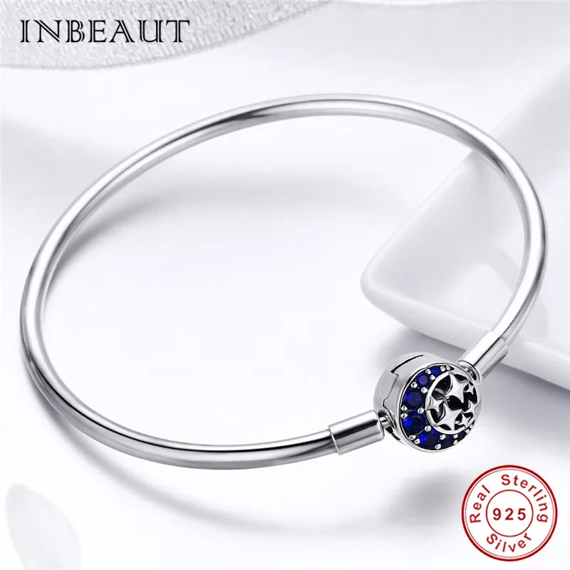 INBEAUT fit Pandora Шарм 925 пробы Серебряный Синий Звезда бусины браслет для женщин Циркон Луна вечерние ювелирные изделия на цепочке