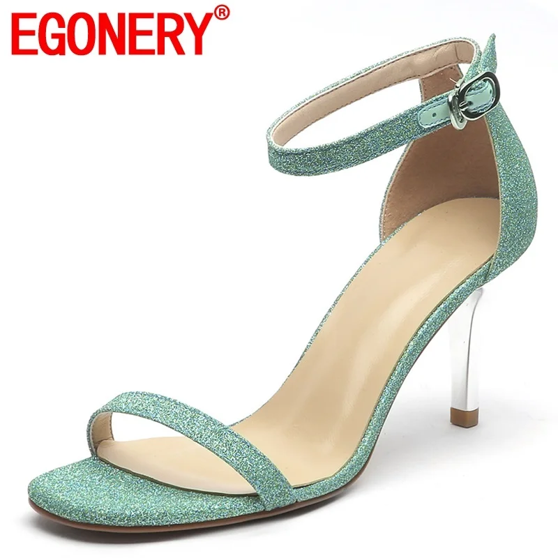 

EGONERY woman shoes summer new fashion sexy open toe sequined cloth woman sandals outside high thin heels buckle ladies shoes