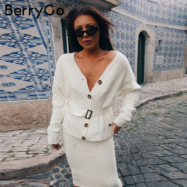 Autumn Winter Two-Piece Elegant Knitted Sweater Dress Set Long Sleeve ...